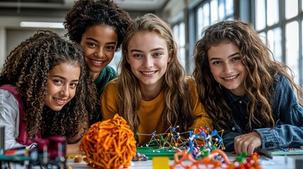Four enthusiastic girls with diverse hairstyles smile while engaged in creative activities involving colorful building blocks and designs, highlighting joy and collaboration in learning.