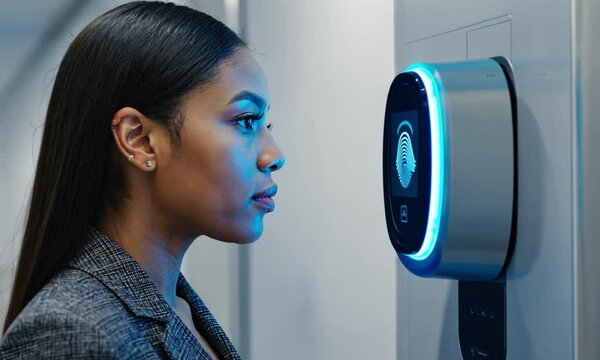 Woman scanning her face using facial recognition technology for secure identification and biometric authentication.