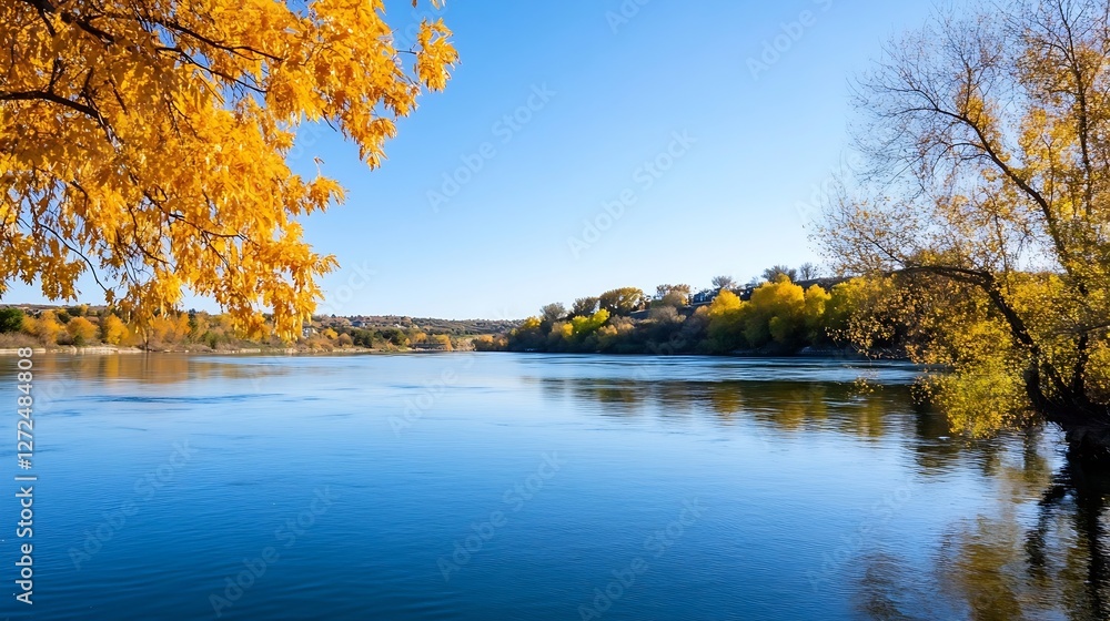 Poster autumn reflection on calm lake surrounded by colorful trees and blue sky : generative ai