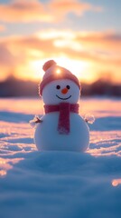Obraz premium A cheerful snowman with a red hat and scarf against a beautiful sunset.
