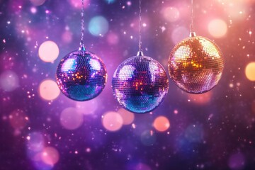 Three disco balls hang against a vibrant purple bokeh background. Perfect for New Year's, party, or celebration themes.