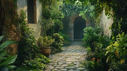 Fototapeta premium Tranquil Hidden Pathway Amidst Lush Greenery in Courtyard Garden