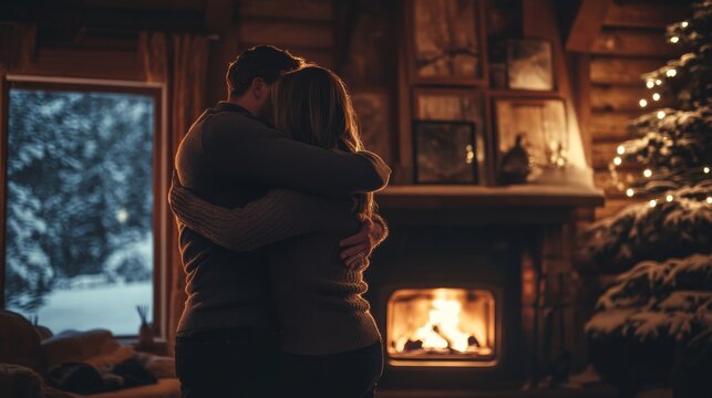 Couple embracing by fireplace in snowy cabin