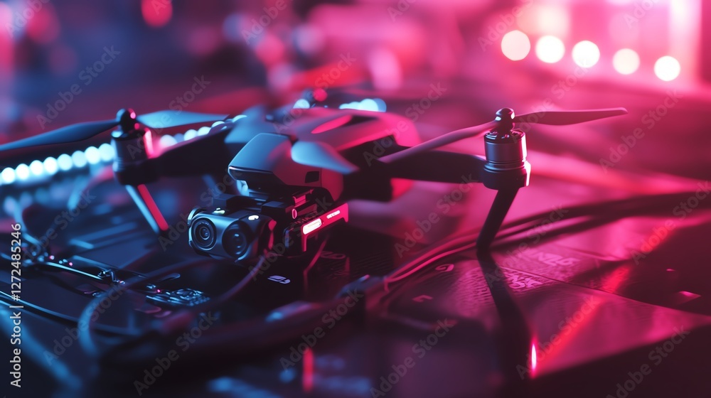Poster high-tech drone with glowing lights resting on a dark surface in a modern workspace during the eveni