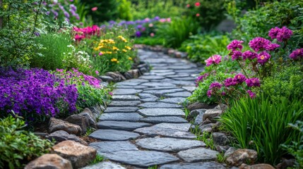 Serene Pathway Through a Colorful Flower Garden with Rustic Stones