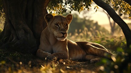 Majestic lioness resting peacefully under a lush green tree on a warm sunny afternoon in the African savanna