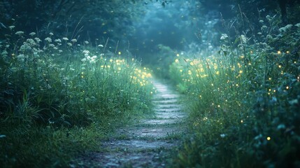 Obraz premium Serene Garden Path Surrounded by Lush Tall Grasses and Flowers