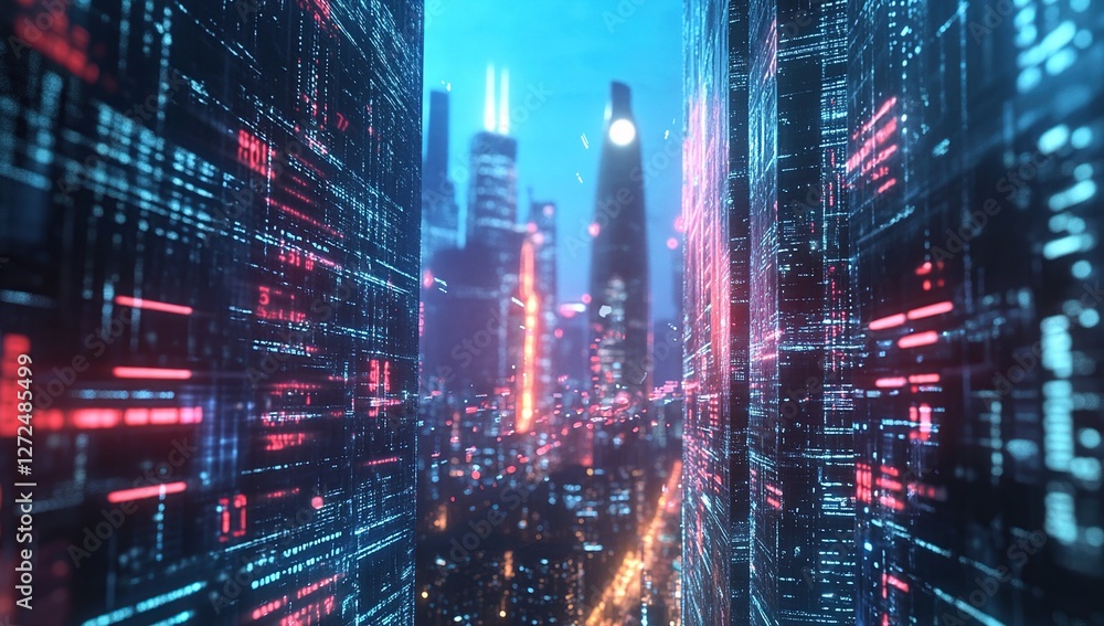 Poster digital cityscapes: exploring futuristic urban environments with glowing data streams and advanced t