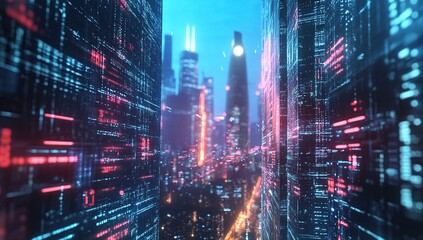 Obraz premium Digital Cityscapes: Exploring Futuristic Urban Environments with Glowing Data Streams and Advanced Technology