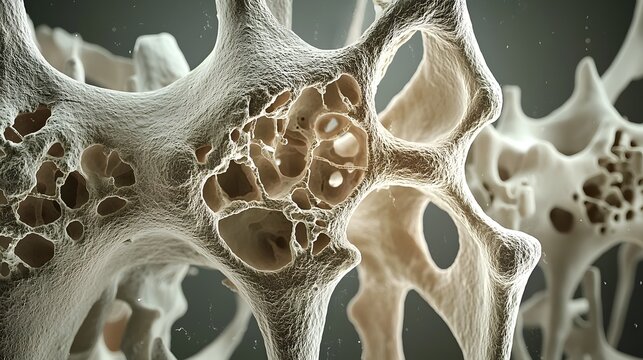Detailed microscopic cross section view of bone structure revealing the cellular level effects of osteoporosis including decreased bone density and porous fragile tissue formation