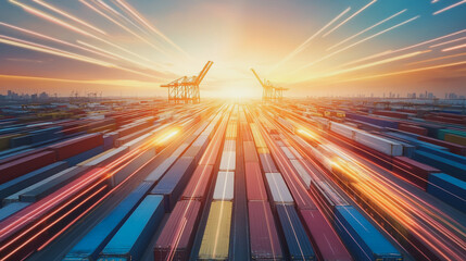 Container truck in ship port for business Logistics and transportation of Container Cargo ship and Cargo plane with working crane bridge in shipyard at sunrise, logistic import export and transport