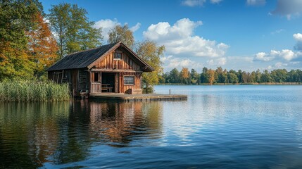 Fototapeta premium Rustic Boathouse by Peaceful Lakeside Amidst Serene Nature
