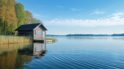 Fototapeta premium Tranquil Lakeside Haven with Rustic Boathouse and Serene Water Reflections