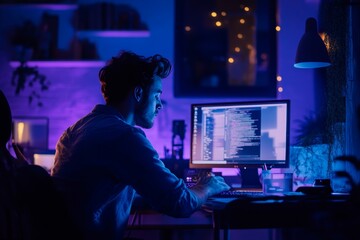 Focused student coding on computer at night