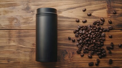 Black Coffee Container with Roasted Beans on a Rustic Wooden Surface in Studio Shot