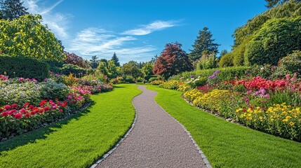 Fototapeta premium Picturesque Garden Path Under Bright Blue Sky in Vibrant Landscape