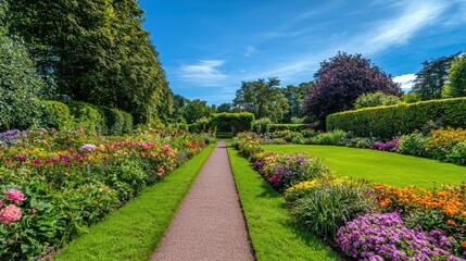 Fototapeta premium Picturesque Garden Path Under Bright Blue Sky in Vibrant Setting