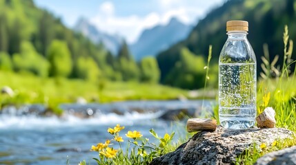 Mineral water bottle placed on a rock near a clean flowing river surrounded by lush green forest and majestic mountain peaks in a serene natural landscape