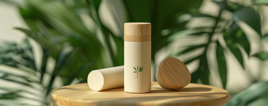 deodorant stick with compostable bamboo packaging on a wooden surface