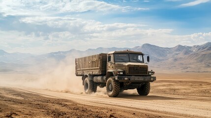 Obraz premium Military Cargo Truck Hauling Supplies in Arid Desert Landscape