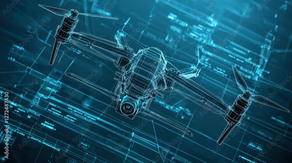 Poster modern drone blueprint with precise engineering design elements