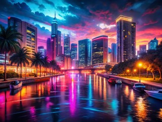 Obraz premium Miami River Nightscape: City Lights Reflecting on Water