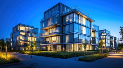 Fototapeta premium Modern Architectural Marvel: Striking, contemporary buildings, characterized by expansive glass facades and sleek lines, bathed in the serene glow of twilight, exuding sophistication and modernity.