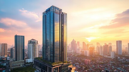 Urban Skyline: A breathtaking cityscape at sunrise, with a modern skyscraper dominating the foreground, reflecting the golden light of dawn, embodying the energy and growth of a dynamic metropolis. 