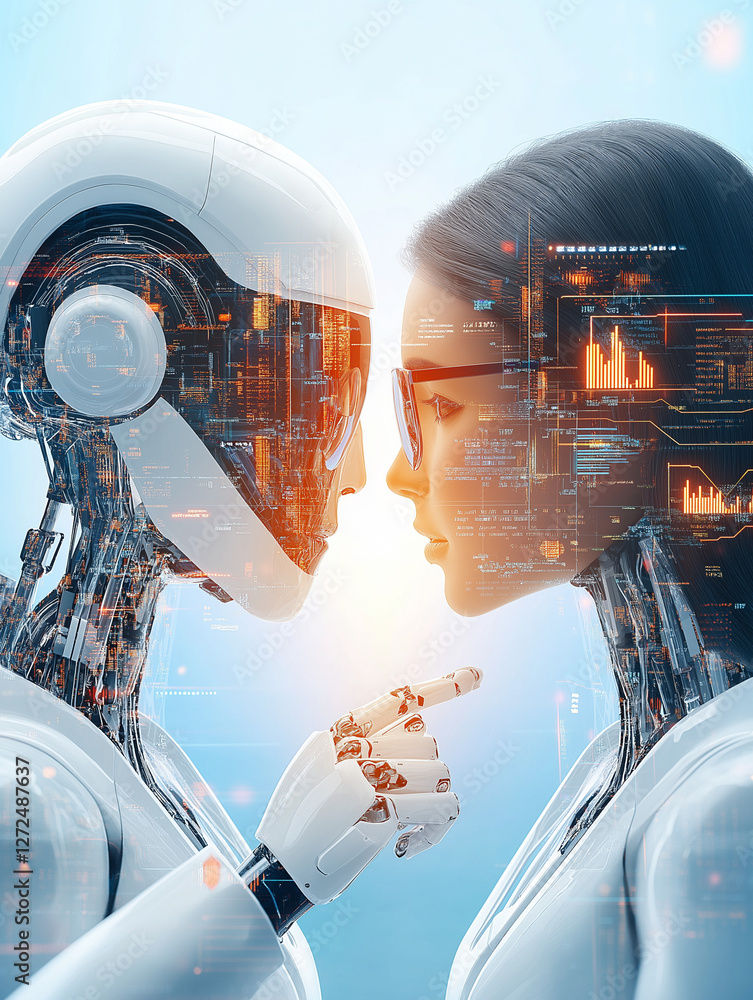 Poster digital dialogue: human face to face with a futuristic robot, with intricate circuits superimposed u