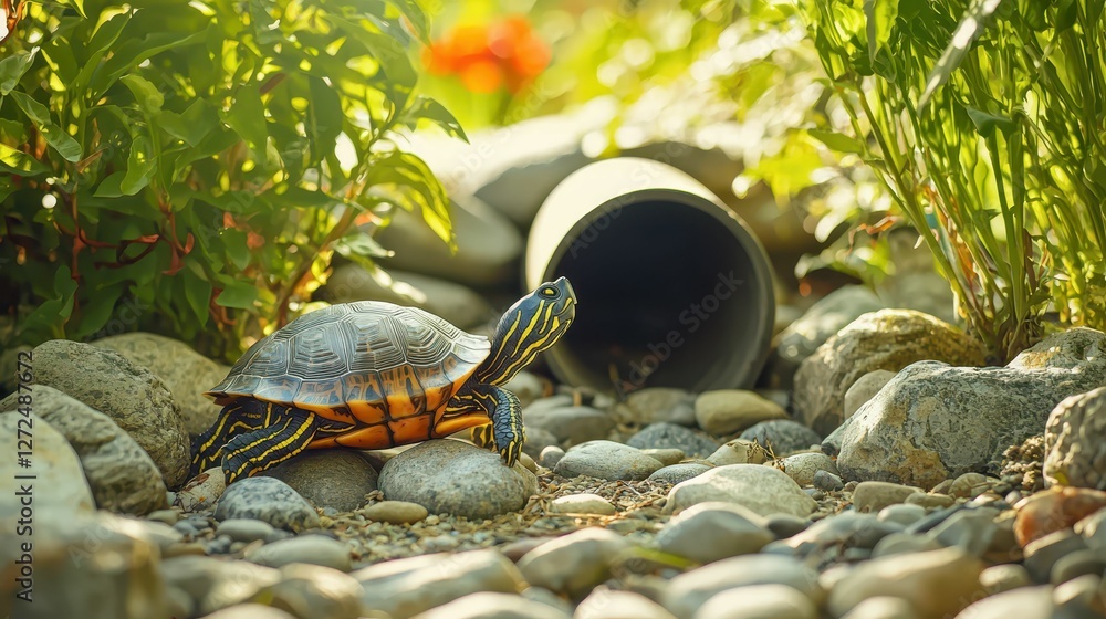 Poster quaint scene of turtle slowly entering a pipe surrounded by nature