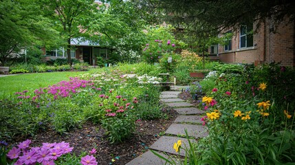 Obraz premium Summer Garden in Restorative Hospital Setting with Colorful Flowers