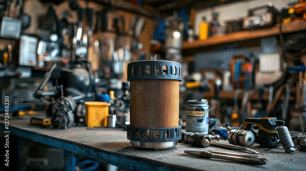 Poster rugged oil filter resting on mechanics workbench in workshop setting