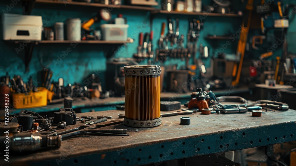 Poster rugged oil filter at rest on mechanics workbench in workshop