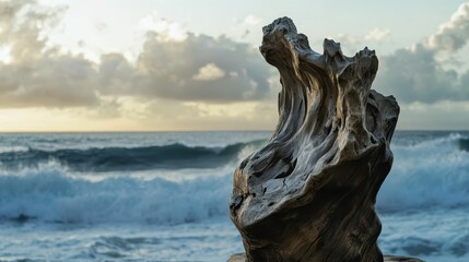 Weathered Driftwood Sculpture by Ocean Waves at Sunset