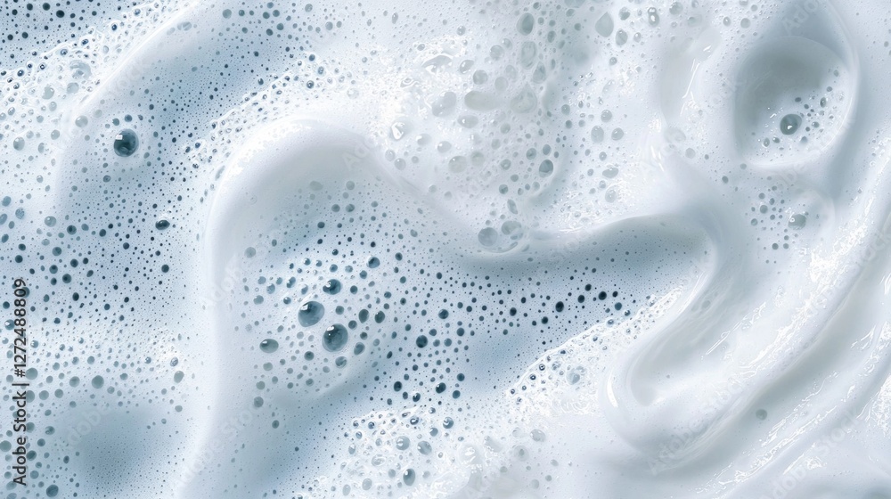 Poster The texture of thick, white soap foam swirls and dances, forming intricate patterns that evoke tranquility and creativity. Bubbles of varying sizes glisten within the soft mass