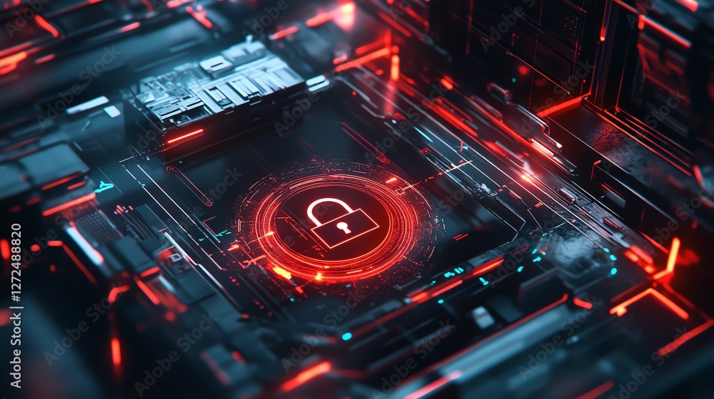 Poster red and black digital lock symbol surrounded by circuit patterns in a futuristic technology setting