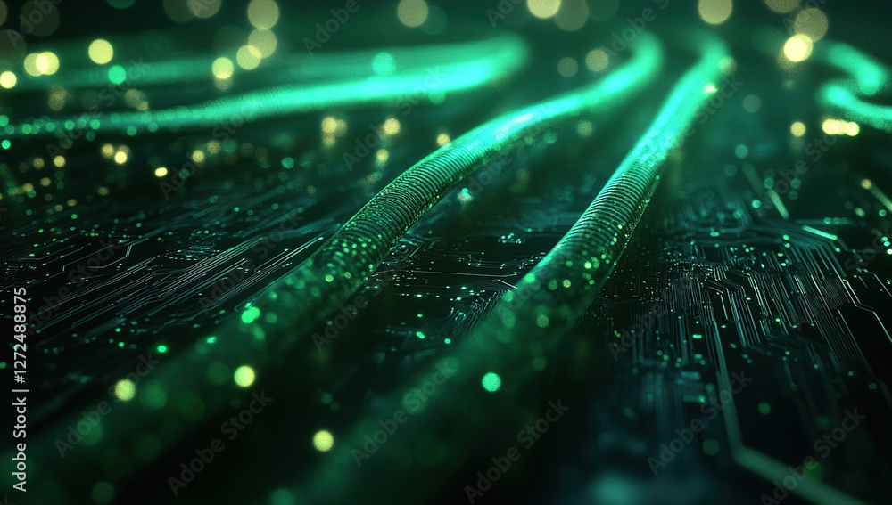 Poster exploring futuristic data streams: digital pathways illuminate technological advancements brilliantl