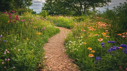 Fototapeta premium Meandering Rustic Garden Path Through Blooming Seasonal Wildflowers