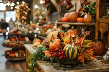 Warm autumn themed store display with pumpkins, leaves, and seasonal decor