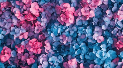 Fototapeta premium Pink and blue hydrangea blossoms, floral background, garden, nature texture, website design