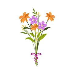 Beautiful flower bouquets in wrapping and blooming plant. Decorative florist shop item on white