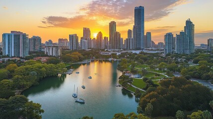 Fototapeta premium Miami Skyline Sunrise: Cityscape, Lake, and Golden Hour