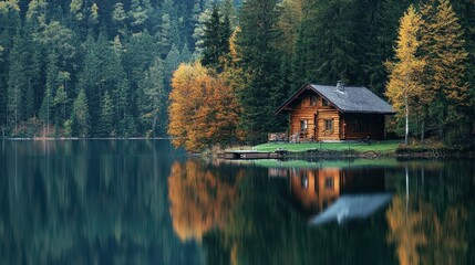 Obraz premium Charming Rustic Cabin by the Serene Lakeside Surrounded by Trees