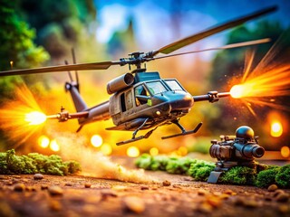 Obraz premium Miniature Army Helicopter Launching Anti-Tank Missile: Dramatic Tilt-Shift Stock Photo
