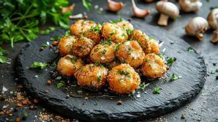Rustic Presentation of Fried Mushrooms Drizzled with Herb Oil