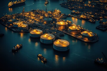 Fototapeta premium Night aerial view of illuminated oil refinery and harbor