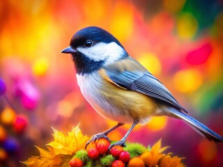 Obraz premium Miniature Black-capped Chickadee Watercolor Painting, Tilt-Shift Photography