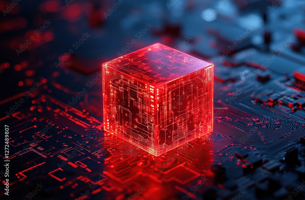 Poster exploring the intricate circuits inside a glowing red data cube on a futuristic motherboard, reveali