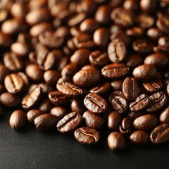 Naklejka premium Close-up of roasted coffee beans scattered on a dark surface, highlighting texture