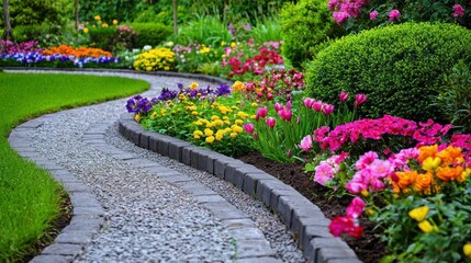 Scenic English Garden Path with Colorful Flowers in Bloom